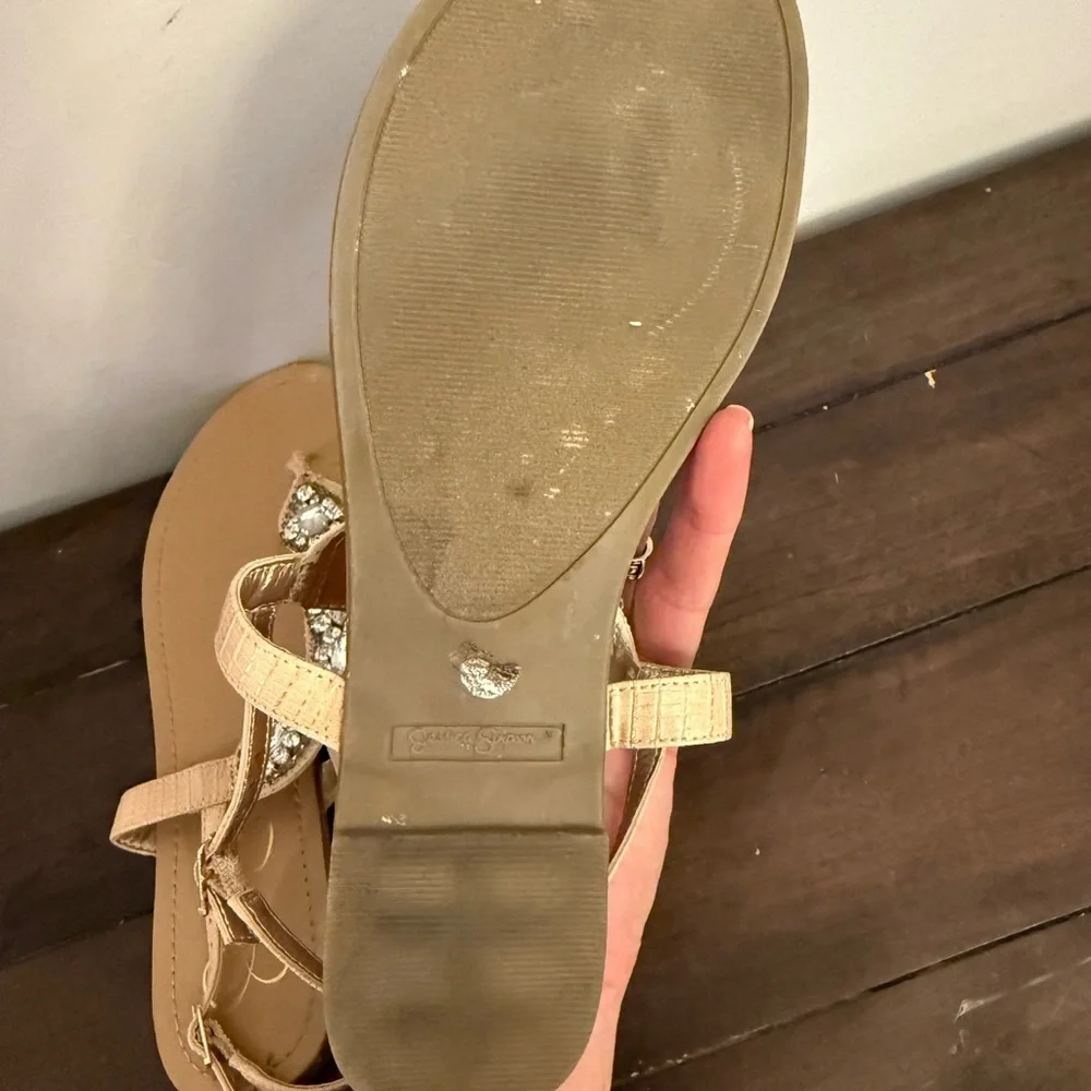 Jessica Simpson Tan Crystal T-Strap Sandals